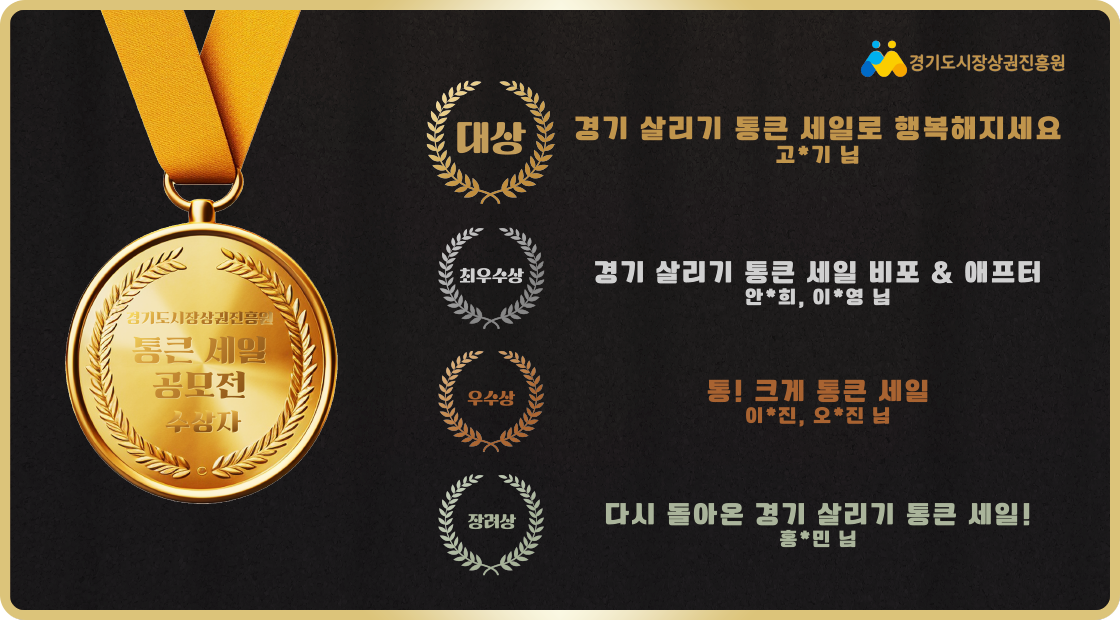 경기도시장상권진흥원 통큰 세일 공모전 수상자. 대상 : 경기 살리기 통큰 세일로 행복해지세요. 고*기 님. 최우수상 : 경기 살리기 통큰 세일 비포 & 애프터. 안*희, 이*영 님. 우수상 : 통! 크게 통큰 세일. 이*진, 오*진 님. 장려상 : 다시 돌아온 경기 살리기 통큰 세일! 홍*민 님.